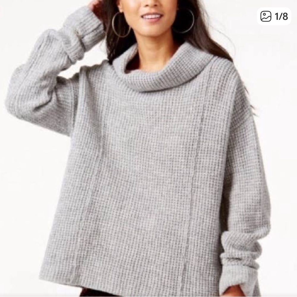 Free People Women's S Gray Waffle Knit 100% Wool Turtleneck Sidewinder Sweater